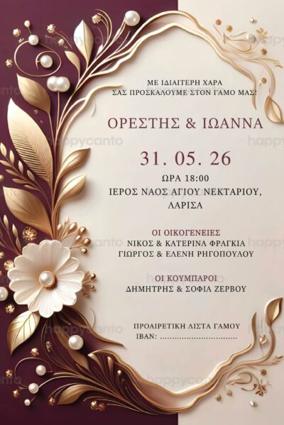 Προσκλητήριο γάμου μπορντό - χρυσό OPALW15